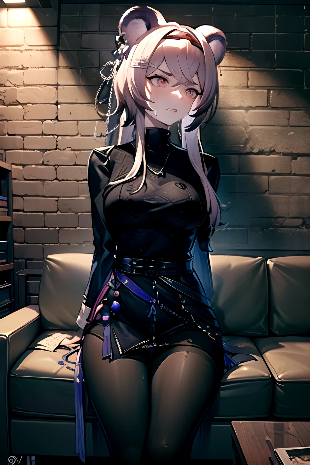  best quality, masterpiece,  high definition , 1 person, {Also_ Arknights:0.90},  1 girl, black_ dress, length_sleeve , looking away, indoor, cowboy_shot, closure_mouth, ((Hands Tied behind)), ((Arms behind back)), wide_sleeve , black_ pantyhose , formal_Alternine_Costume, underground, ((sweat)), ((concrete floor)), concrete wall, underground room, ((grimacing)), ((basement)), anger, pink light, midnight, dark room, lighting, sitting on the sofa, ((sitting)), ((sofa)), shrugged, (((shrugging))), shrug, Thighs together, black tights, closure legs, underground室,