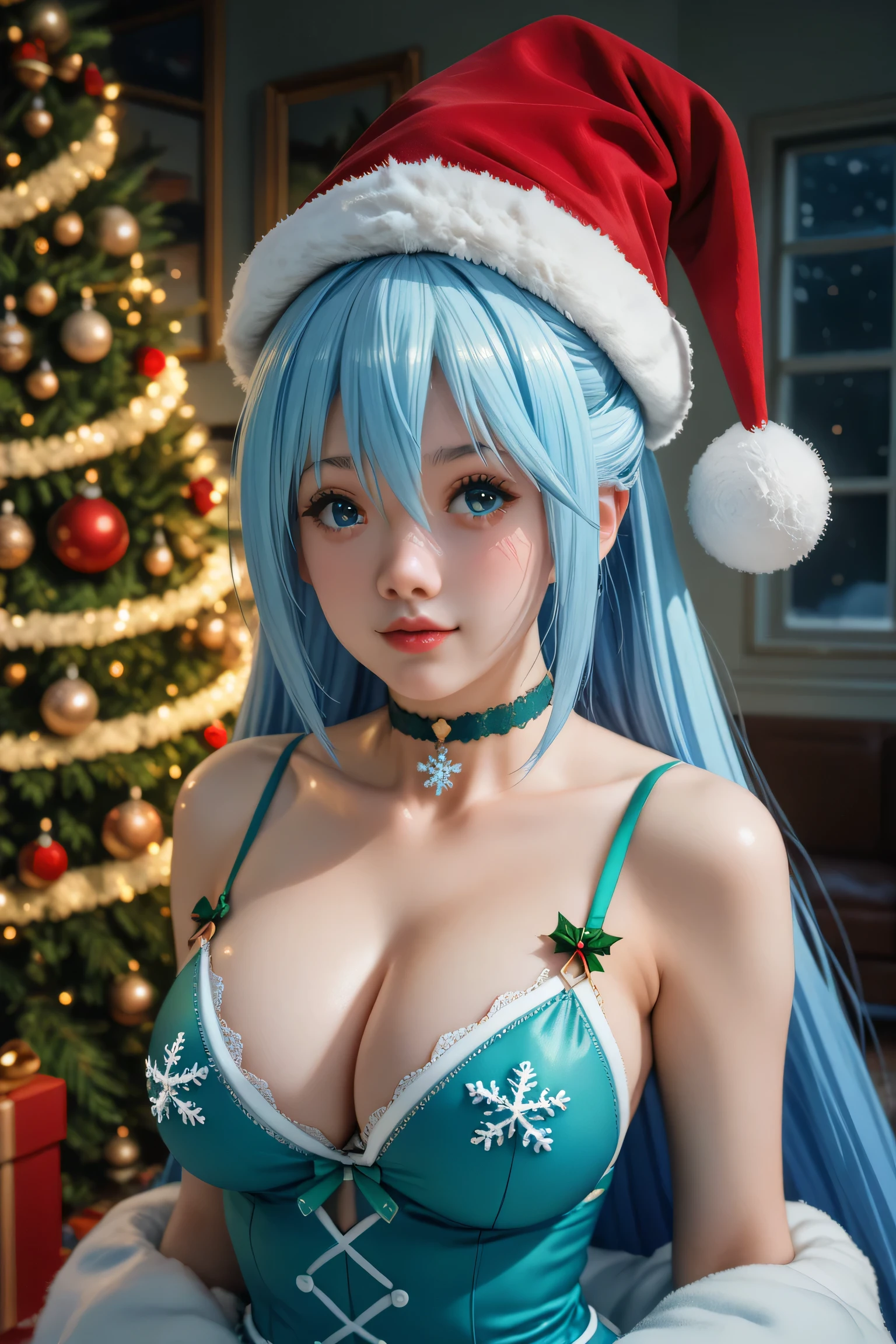 (masterpiece,  Best Quality ),4k,1 girl,Aqua,2d, Christmas hat , beautiful face,(long blue hair ,hair rings , hair ornament,  choker ),Green lasso,( blue hair)( blue hair largo ),(blue eyes),pesones with cold , HIGH QUALITY, ultra detailed ,  super large breasts ,  self-adhesive nipple stickers snowflake lingerie..

