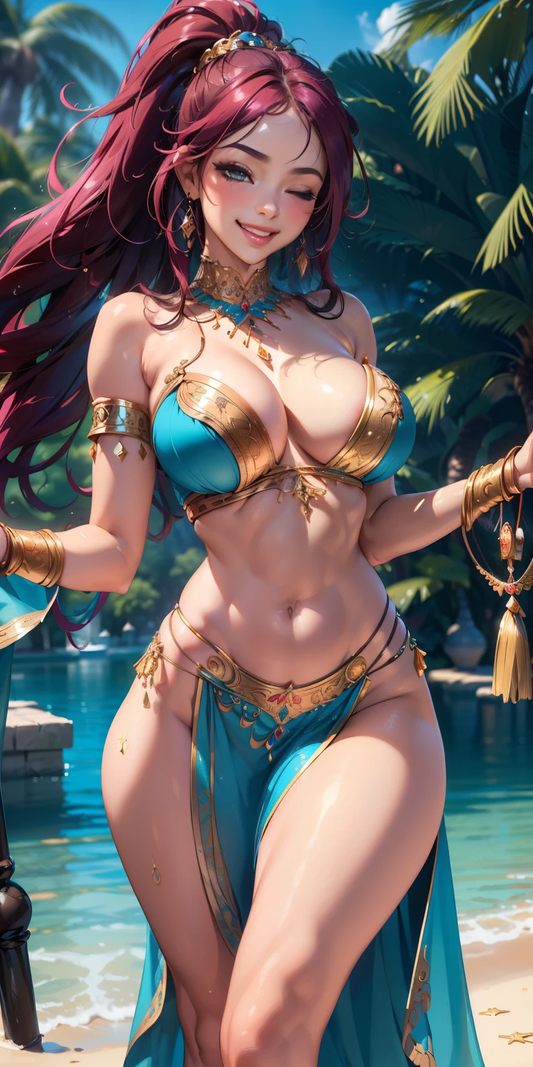 ((masterpiece)), ((best quality)), (detailed), perfect, solo, Jasmine, belly dancer, luscious smiling lips, manic smile, love-filled eyes, one eye closed, long colored hair, high ponytail, curly hair, huge breasts, deep cleavage, large breasts, ( large breasts) Bermuda ( wide hips ), ( thick thighs ) .creating a dreamy and magical atmosphere, provocative pose, seductive pose, perfect slim fit body, slim body, slim thick, curvy silhouette, sexy, Belly dancer outfit, belly dancer dress,