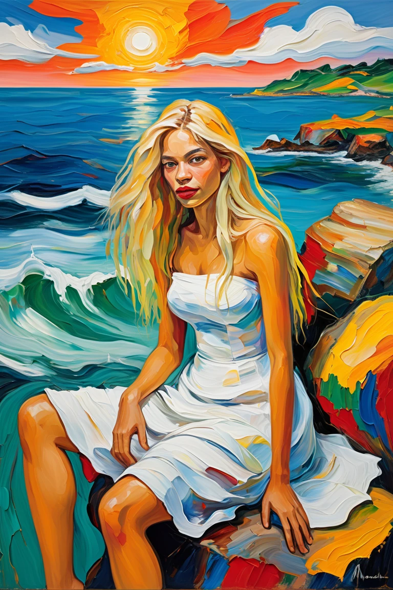 oil painting beautiful (nude:1.4) ( smiling:0.7) blonde,  beautiful azure sea waves with foam , storm, Clouds, masterpiece, definition , highest quality, hair flutters in the wind, Epic, fantasy