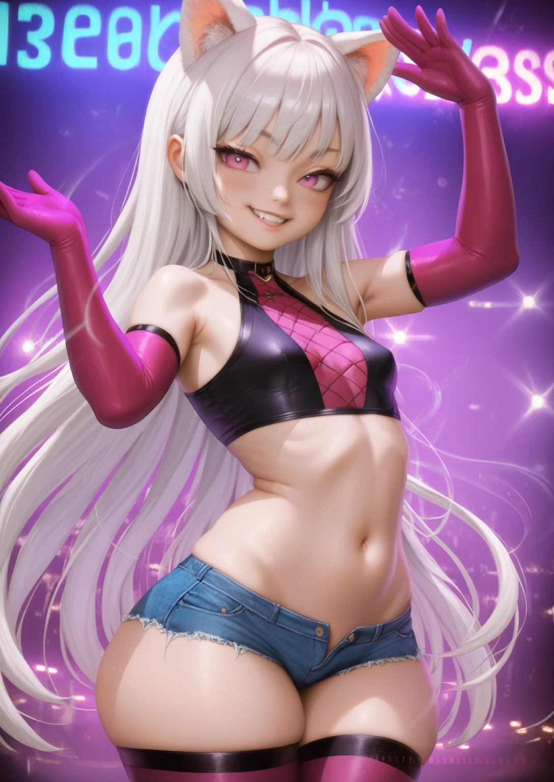 score_9, score_8_up, score_7_up, masterpiece, best quality, highly sexual poses, elinsdxl ,elinxl,1girl,solo, small animal ears, white hair, long hair, looking at viewer, skin indentation, blush, evil smile, smug, small breasts, crop top, short shorts, wide hips, thick thighs, elbow gloves, thigh highs, short, shortstack, dynamic pose, curvy, photorealistic,perfect face, narrow shoulders, SakimiStyle, nightclub,
