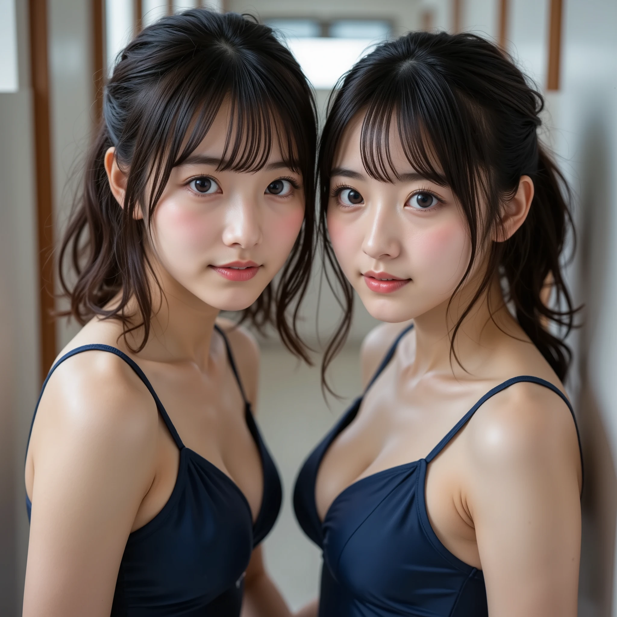 『Her face and hairstyle have a different vibe ２ Japanese girls:1.3』『 real photo:1.3』 top quality:1.2、(( Big Breasts ))、 Slightly Visible Cleavage 、(( young woman))、(( has red cheeks))(( smiling in the pool changing room :3))、((( anatomically correct、 perfect anatomy、 anatomically correct指)))、 realistic ,  top quality,  super high resolution ,  RAW photo, (Curvy body)、((  top quality、  masterpiece 、   Wear a competition swimsuit and pantyhose ))、(((   upper body zoom photo:1.95、   very elaborate face and eyes :1.5、   very elaborate face and eyes 、、(   wet body)、  寺院の Big Breasts  、   navy blue school swimsuit、  indoor swimming pool  、   short bob from behind)))