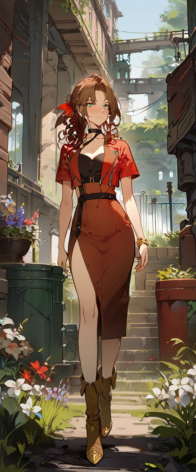 ((masterpiece), (best quality), (8k), (4k)), ((girl)), ((Final Fantasy VII), (Aerith Gainsborough)), ((brown hair), (high middle bang), (longer side curly bang), (long tight curly ponytail like braid)), ((green eyes), (red hair ribbon), (red bolero jacket), (short sleeve jacket), (cropped jacket), (black tie choker)), ((long pink straight dress), (brown boots), (bangles)), walking in a garden, flowers, detailed background, inspired by Asukaziye artist : ask, art style : ask