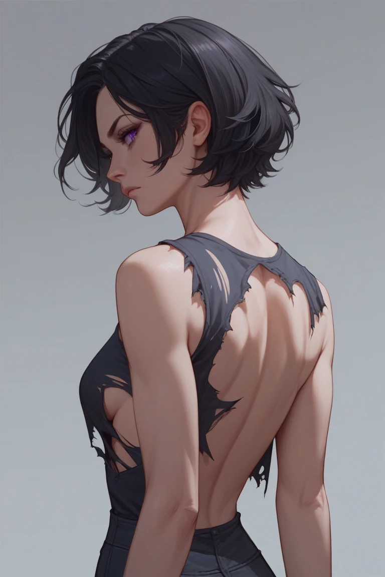 woman , breasts,  short hair,  black hair, purple eyes,  Back view, in this , Ladina RPG ,ripped clothes,new ,NSFW