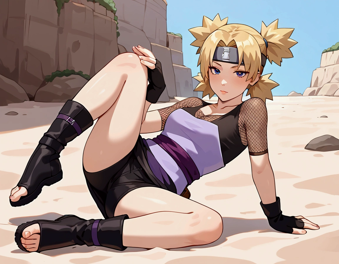 score_9, BREAK rating_explicit, best quality, masterpiece, uncensored, 1girl, sand village, nsfw, asthetic background, BREAK tmri, blonde hair, short hair,  forehead protector, black shirt, fishnet top, purple sash, black skirt, fishnet shorts, black gloves, fingerless gloves, black boots, toeless footwear, seductive face, shiny body, seductive pose,
