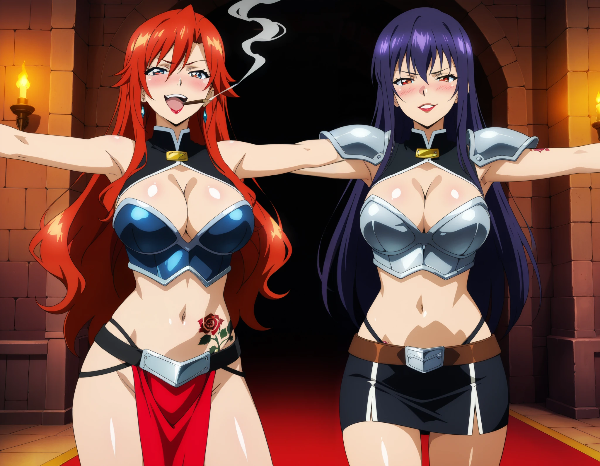 2girls, two girls, long hair, anime girl, anime style, digital anime art, large breast, blush, lipstick, Hot girl, baddie, bad attitude, mean girl, crazy, smoking, sensual, attractive, masterpiece, best quality, highly detailed, fantasy , a anime girls in armored dress holding a sword
posing for a picture, evil smile, smile, open mouth, breastplate with open cleavage, cleavage, warrior
outfit, ecchi anime style, anime girls, ecchi style, (nsfw) not safe for work, ecchi, digital anime art!!, in
anime style, official artwork, visual novel cg, beautiful anime girl, anime style 4 k , loincloth, exposed
belly, exposed navel, exposed midriff, exposed lower belly, pencil skirt armored, castle,inside castle,, dragon tattoo, , tattoo on body, tattoo midriff, rose tattoo, shiny skin, open
arms sideway, arms T-pose, smirk, standing, anime girl T posing