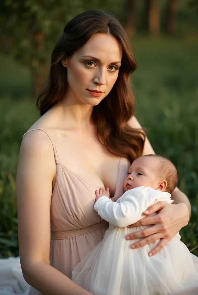 high quality,8k,photorealistic,ultra-detailed,realistic,masterpiece,intricate details,beautiful detailed eyes,beautiful detailed lips,extremely detailed face and skin,deep clevage,long eyelashes,elegant woman,mother holding baby on her lap,tender moment,soft lighting,warm colors,natural setting,lush greenery,peaceful atmosphere,intimate composition