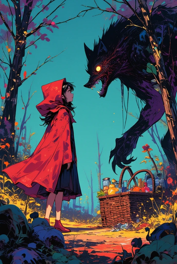 Little Red Riding Hood and Wolf Man,Hallucinatory Art 、 dmt Death of Ego 、 Psychedelic Horror 、 Highly Detailed Visionary Art 、 DMT Egodes 、 Shamanic Fears 、LSD art,Poisonous Plants , Poison and Disney Mix , picnic basket,fruit,red,yellow,White,