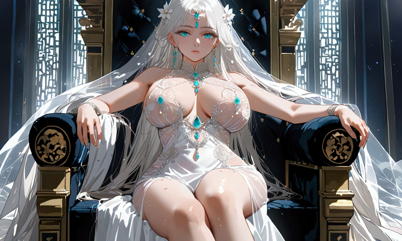 Moon godess, joung, sitting in her throne, translucent white long dress, legs spread, white hair, long hair, aqua eyes, beautyfull pussy,  looking at me, deabucherous look, huge breasts sweat,