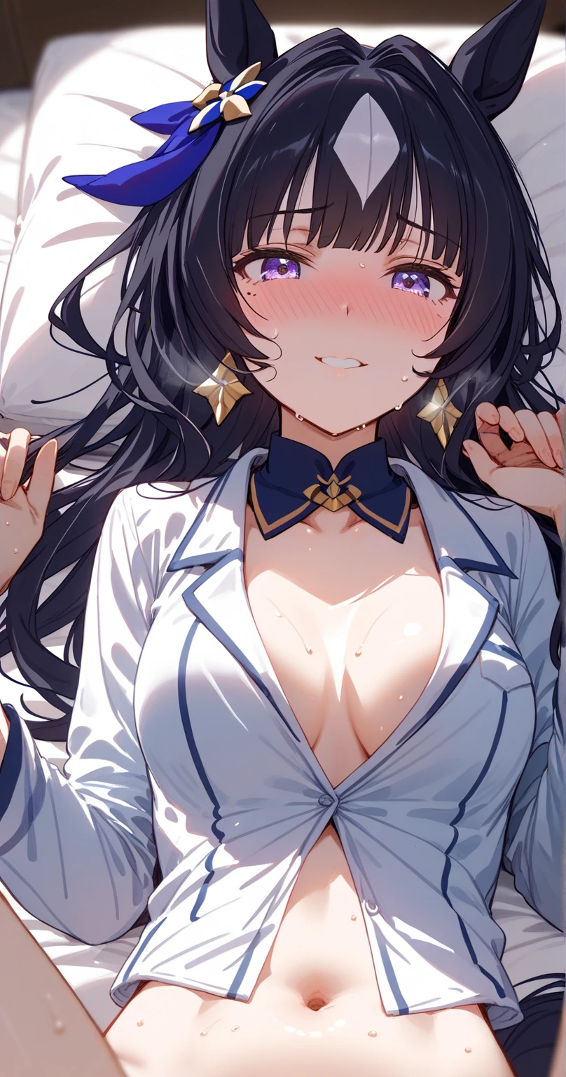 navy open Buttoned pajamas ,verxina \(umamusume\), 1girl, horse ears, horse tail, detached collar, hair ornament, mole under eye, earrings,black hair,long hair、
BREAK
25 year old woman、slender body,spread legs,legs up,medium breasts,sexy Lip,looking at viewer ,nose blush,embarrassed,(liying on back:1.3)、big smile, Pillow,sweat,steam、navel、
BREAK
high definition , masterpiece,  anatomically correct ,  very detailed,  High Quality 
BREAK
bedroom at night,POV,(close-up:1.5),upper body