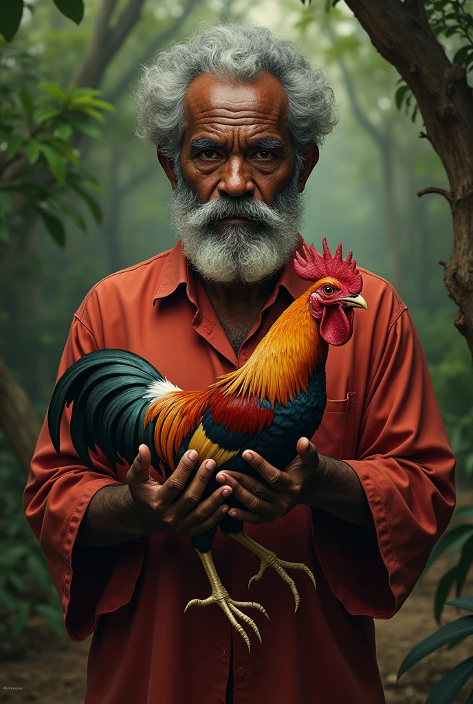A 40-year-old black man with a bad face, with a mustache, black leather hat and red band, green shirt, smoking a pipe in the woods and holding a rooster