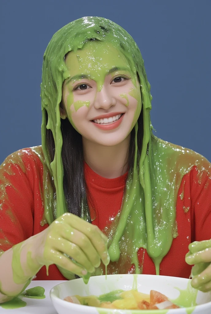 Portrait photograph of beautiful Korean woman covered in green slime. Photorealistic. Glistening liquid. Green slime. Slime. Wet. Raw photo. (Korean girl: 1.1). Korean. Korean woman. Beautiful Korean model. Round face. Wearing pink tight turtleneck. Big breasts. Black hair. Gameshow. Film photo. Custard. Winged eyeliner.