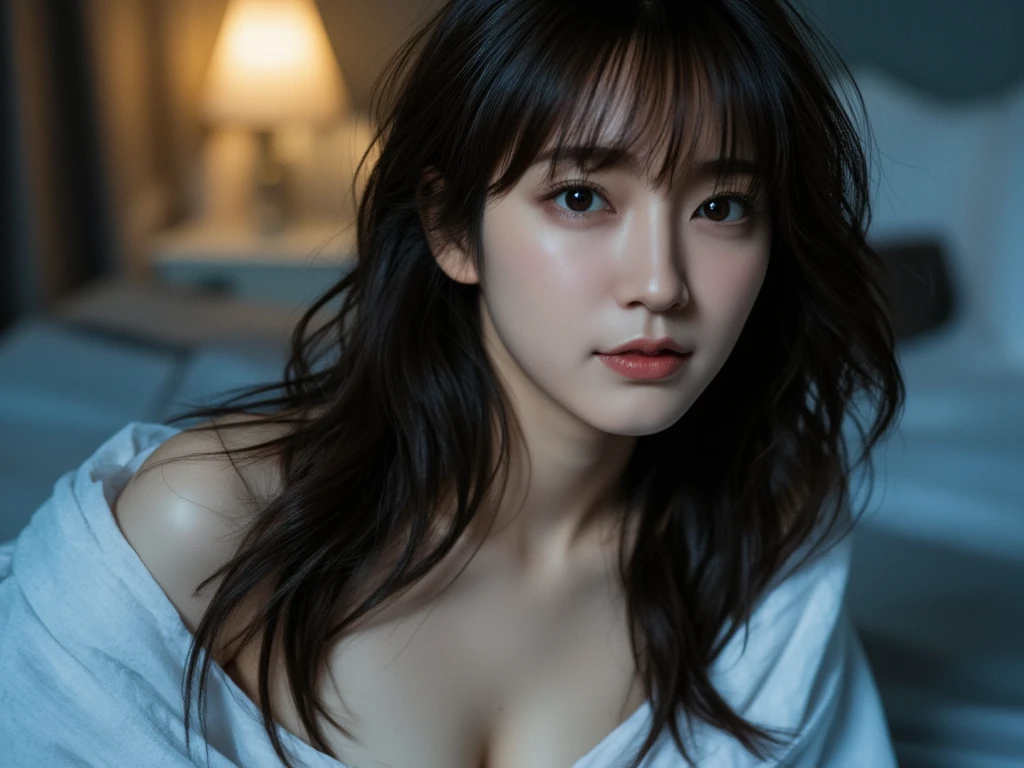 ((Deep into the night, need, 8k, masterpiece:1.3)),（ realistic ：1.4）， photographer RAW ，Body portrait， very wide angle lenses ，  Closeup Cleavage  ，（ real skin texture deep into the night：1.3），( Film Grain ：1.3） Four Colors:1.2, Perfect Silhouette of a Beautiful Woman :1.4, (( long dark brown curly hair ,  giant titmouse :1.2 )), ((City night view, )),  highly detailed facial skin texture , Fine grain,  double eyelids ,  lying on the bed,  lingerie,  sexy, lure, ((from side,full body:1.4))