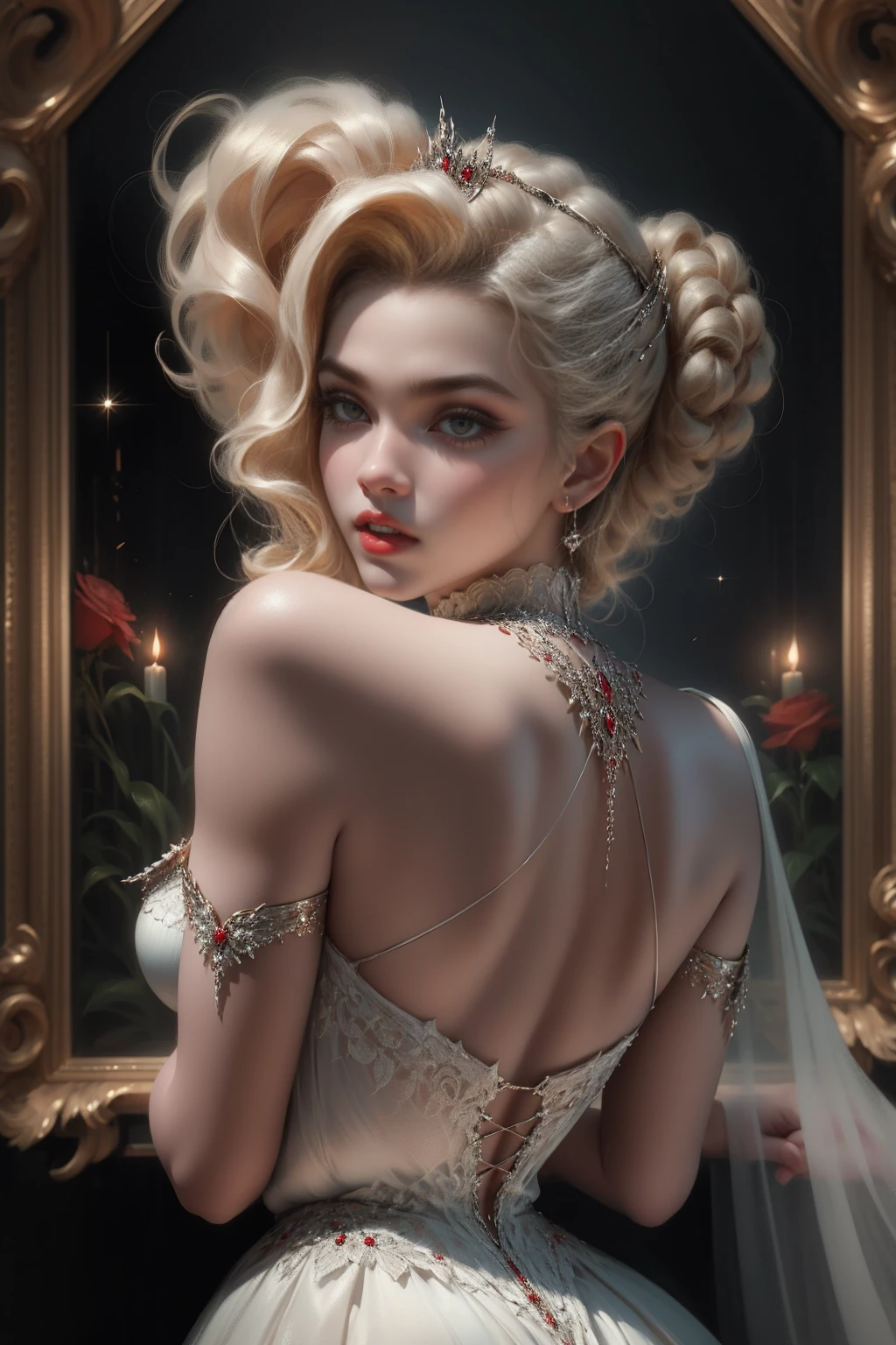 (Masterpiece - Ultra-Detailed, High Resolution) Prepare to be enchanted by a true masterpiece that combines ultra-detailed art with high-resolution rendering. This work shows a mesmerizing woman, with short, light blonde hair, 1950s style, Marilyn Monroe (1.3) and captivating brown eyes (1.2), New York illustration style, wearing red lipstick, emanating an aura of elegance and mystery. Wearing Victorian classic 1950s clothing. sexy. Intricate details and realistic textures invite you to explore every aspect of this enchanting composition. Transparent white dress. backwards, looking back, mouth closed. Different posture , dynamic poses, mouth closed. Different posture, with chin resting on shoulder , perfect fingers. Get ready to dive into a world where beauty and craftsmanship merge perfectly.