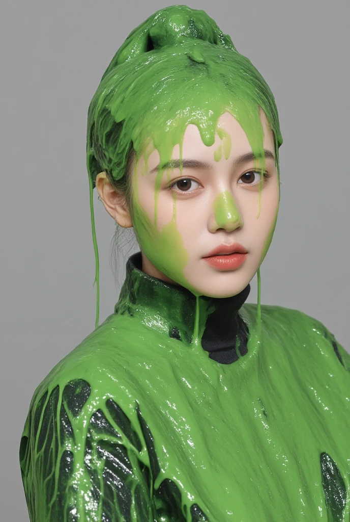 Portrait photograph of beautiful Korean woman covered in green slime. Photorealistic. Glistening liquid. Green slime. Slime. Wet. Raw photo. (Korean girl: 1.1). Korean. Korean woman. Beautiful Korean model. Round face. Wearing pink tight turtleneck. Big breasts. Black hair. Gameshow. Film photo. Custard. Winged eyeliner.