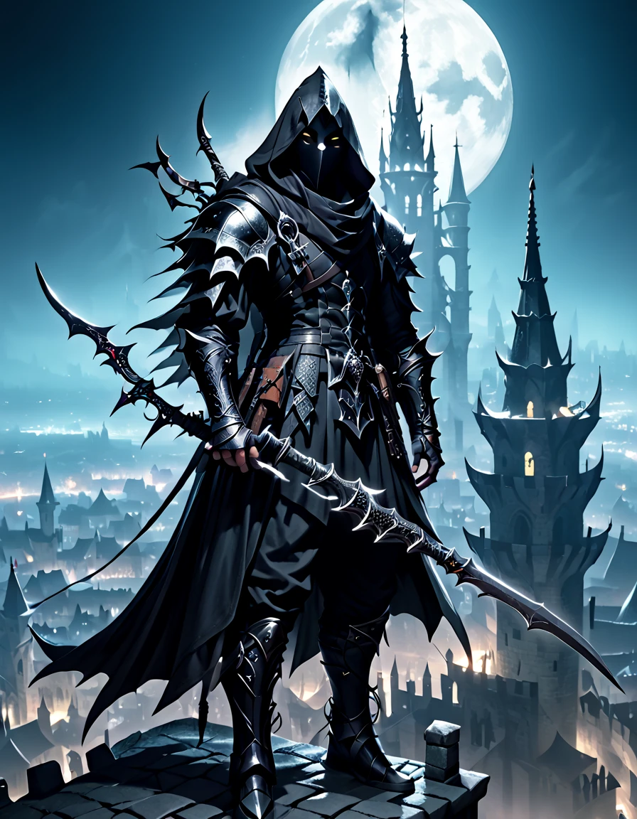 Male killer with sickle,hooded ,black armor,on top of a tower with a medieval city in the moonlight ( full body)