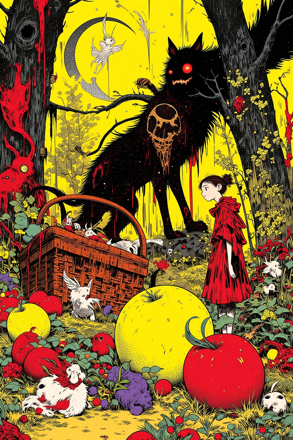 Little Red Riding Hood and Wolf Man,Hallucinatory Art 、 dmt Death of Ego 、 Psychedelic Horror 、 Highly Detailed Visionary Art 、 DMT Egodes 、 Shamanic Fears 、LSD art,Poisonous Plants , Poison and Disney Mix , picnic basket,fruit,red,yellow,White,