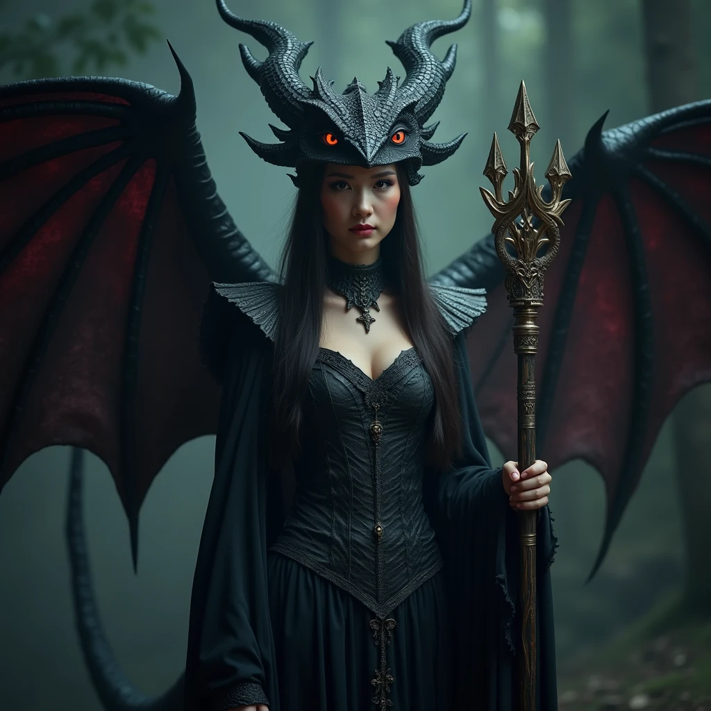 fantasy dragonborn woman sorcerer,medieval fantasy dress,detailed dragon face,beautiful intricate eyes,holding magic staff,mystical magical atmosphere,moody dramatic lighting,dark fantasy art,cinematic high quality,black scales,8k,extremely detailed