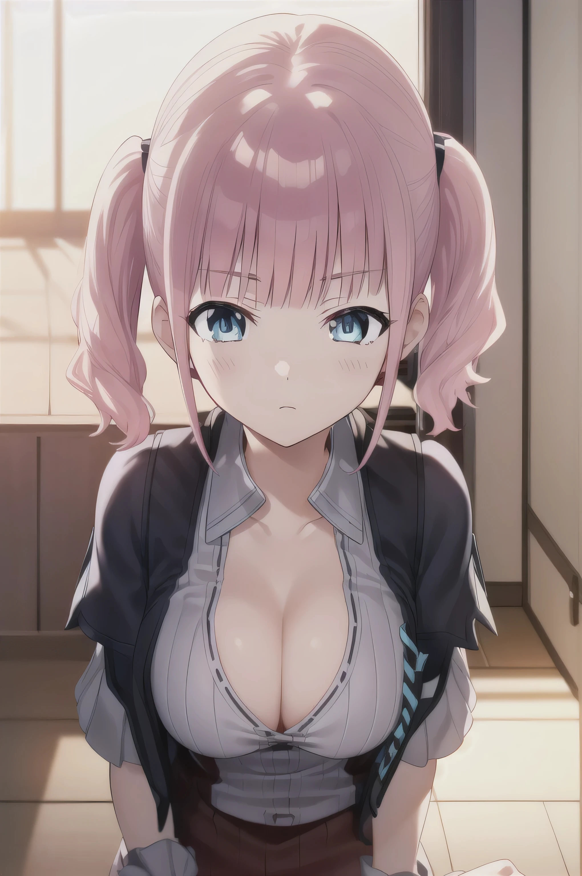  pink hair,  long hair，（ red eyes :1.5), (Big Chest:1.2),Twin ponytails，
Take a break with a short dress  ,  red dress ,  white shirt ， Seto Fuku,Low-cut，Cardigan， with eyes closed ，black，Cleavage Rest，  while looking at the audience ,nipple，Chest， untie clothes ，black pantyhose ，
Indoor rest, class (masterpiece:1.2),  are of the best quality,  high resolution, Unity 8k wallpaper, (illustration:0.8), ( beautiful and detailed eyes :1.6),   Extremely detailed expression  ,  perfect lighting , extremely detailed CG, (Perfect hands,  Perfect Anatomy ),