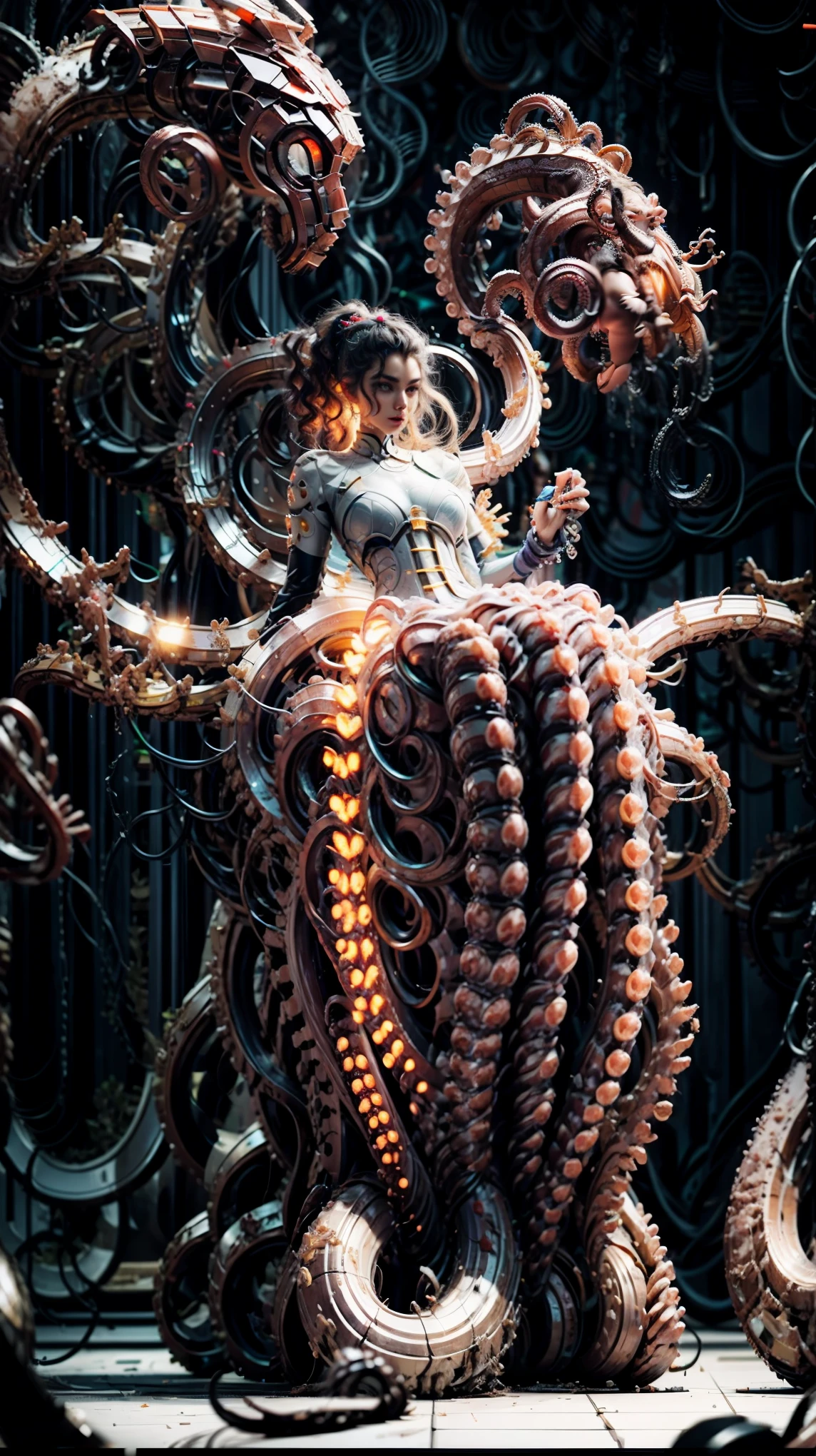 Cyber Tentacle Monster ，（Twin ponytails：1.5、Deep Sea Creatures、 Medusa Hairstyle 、 Tentacle-like Hairstyle ：1.8），Biology is perfect、 Medical Beauty Skin 、 Classical Aesthetic Posture Adjustment and Shaping ， Illusory Aura ，Chic，Dynamic，Holy Aura，Mecha exoskeleton ，Gesha Buddha Dress ， Shining Fire Crystal Foot Ring 。 golden ratio body ，Beauty，Tear mole，（ Super Teardrop Chest 1 .8）， narrow ribs ，Slim waist and abdomen，Vacuum belly， long body ， extra long legs ，Perfect muscle lines， neon shine ， blur super giant body background。 Master Composition ， Clean Picture ， bright color ，hdr，（Super real， Super Detailed ，Super complex，Super-sharp ， Ultra high quality output ），（ concentrated computing power is metaphor in the language of a camera、Implicit 、 Conceals Mysterious Temple Level Sexual Tension ：1.8），＜centaur concept>，