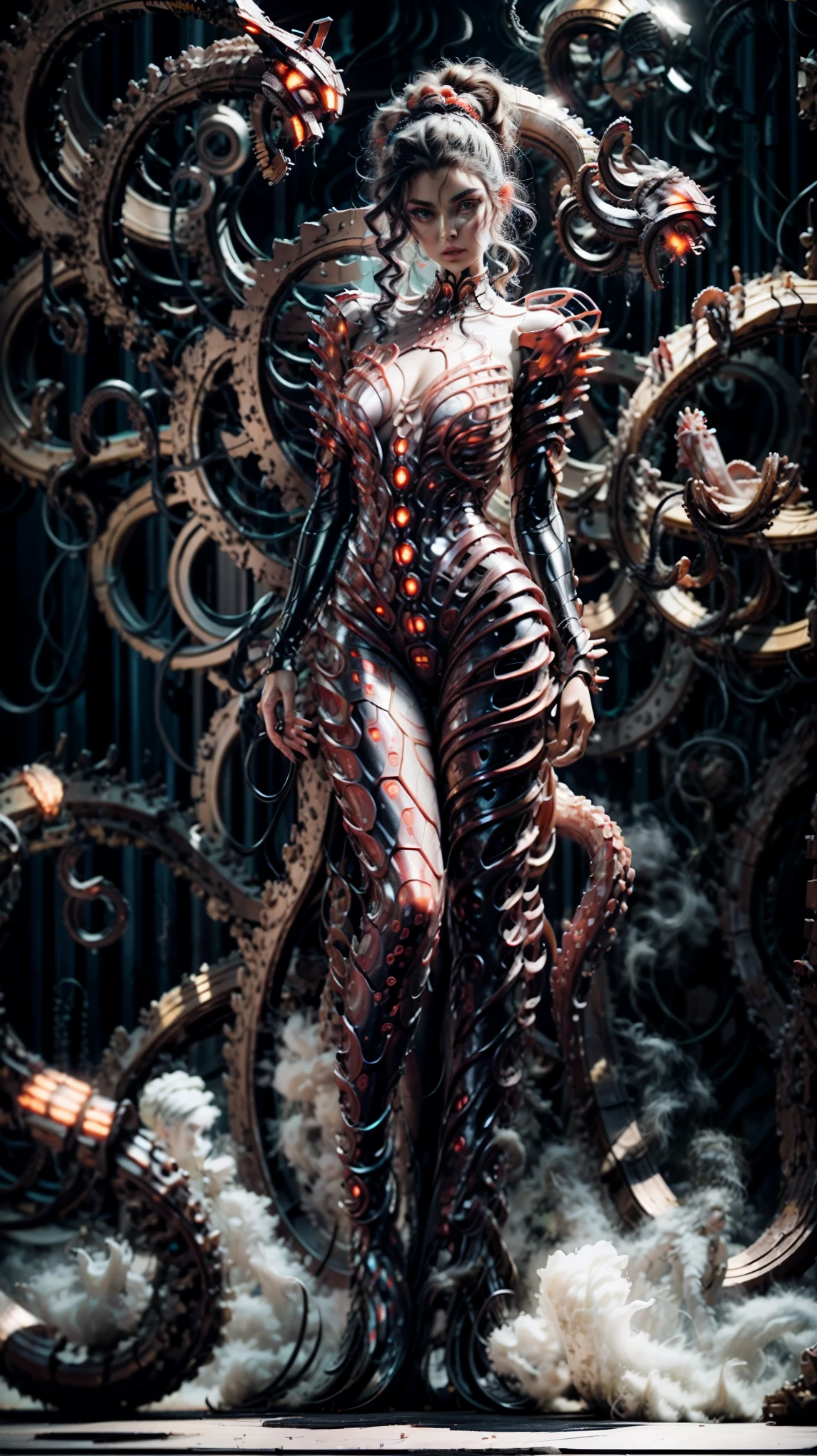 Cyber Tentacle Monster ，（Twin ponytails：1.5、Deep Sea Creatures、 Medusa Hairstyle 、 Tentacle-like Hairstyle ：1.8），Biology is perfect、 Medical Beauty Skin 、 Classical Aesthetic Posture Adjustment and Shaping ， Illusory Aura ，Chic，Dynamic，Holy Aura，Mecha exoskeleton ，Gesha Buddha Dress ， Shining Fire Crystal Foot Ring 。 golden ratio body ，Beauty，Tear mole，（ Super Teardrop Chest 1 .8）， narrow ribs ，Slim waist and abdomen，Vacuum belly， long body ， extra long legs ，Perfect muscle lines， neon shine ， blur super giant body background。 Master Composition ， Clean Picture ， bright color ，hdr，（Super real， Super Detailed ，Super complex，Super-sharp ， Ultra high quality output ），（ concentrated computing power is metaphor in the language of a camera、Implicit 、 Conceals Mysterious Temple Level Sexual Tension ：1.8），＜centaur concept>，