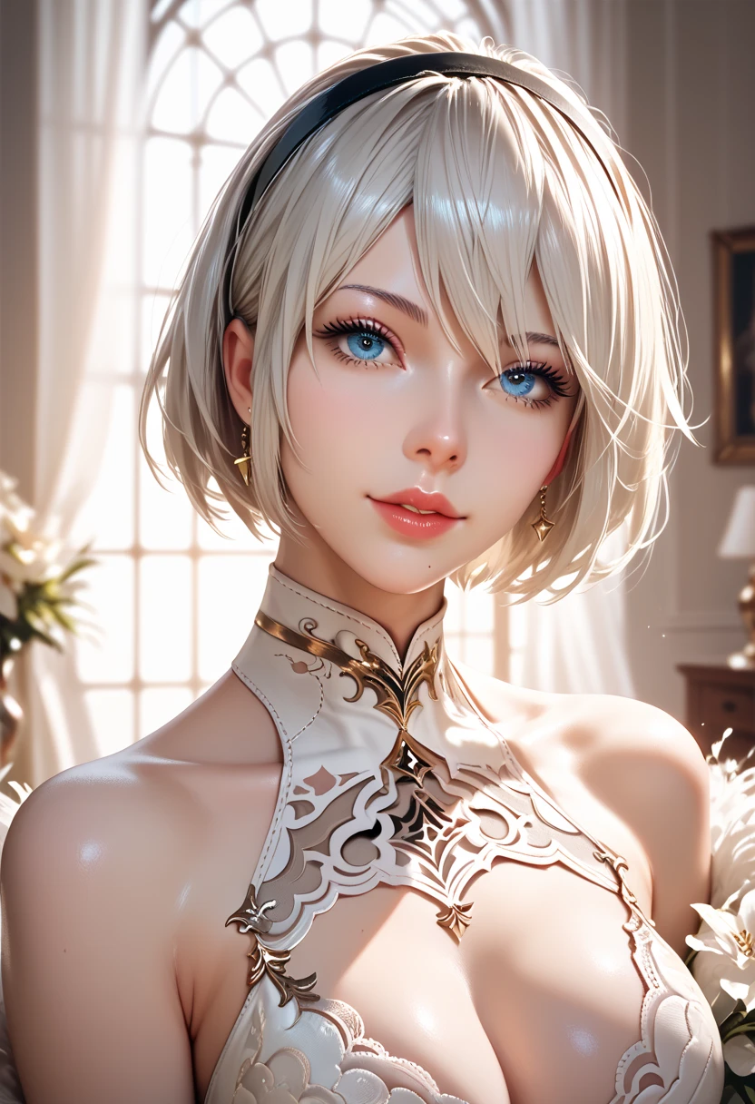 Nier Automata, hermosa mujer pechos grandes, senos enormes, pelo blanco, cabello corto, ropa ajustada minifalda, mostrando la vagina, culo hermoso