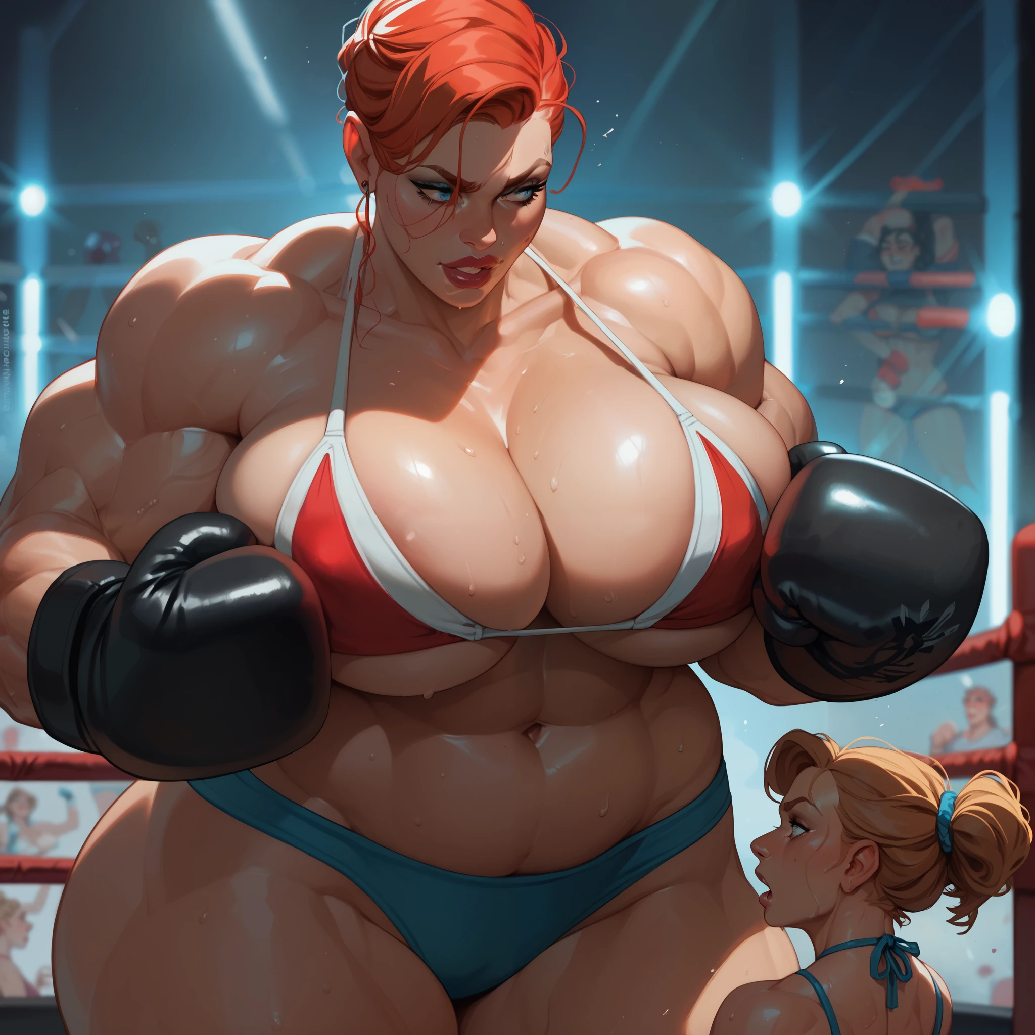 female, women, muscular, chubby, (huge breasts:1.2), (nipple outline:0.5), bikini top, two girls, boxing, fighting, wide hips, (incase:0.35), sweating, (size difference:1.5), height difference, giantess