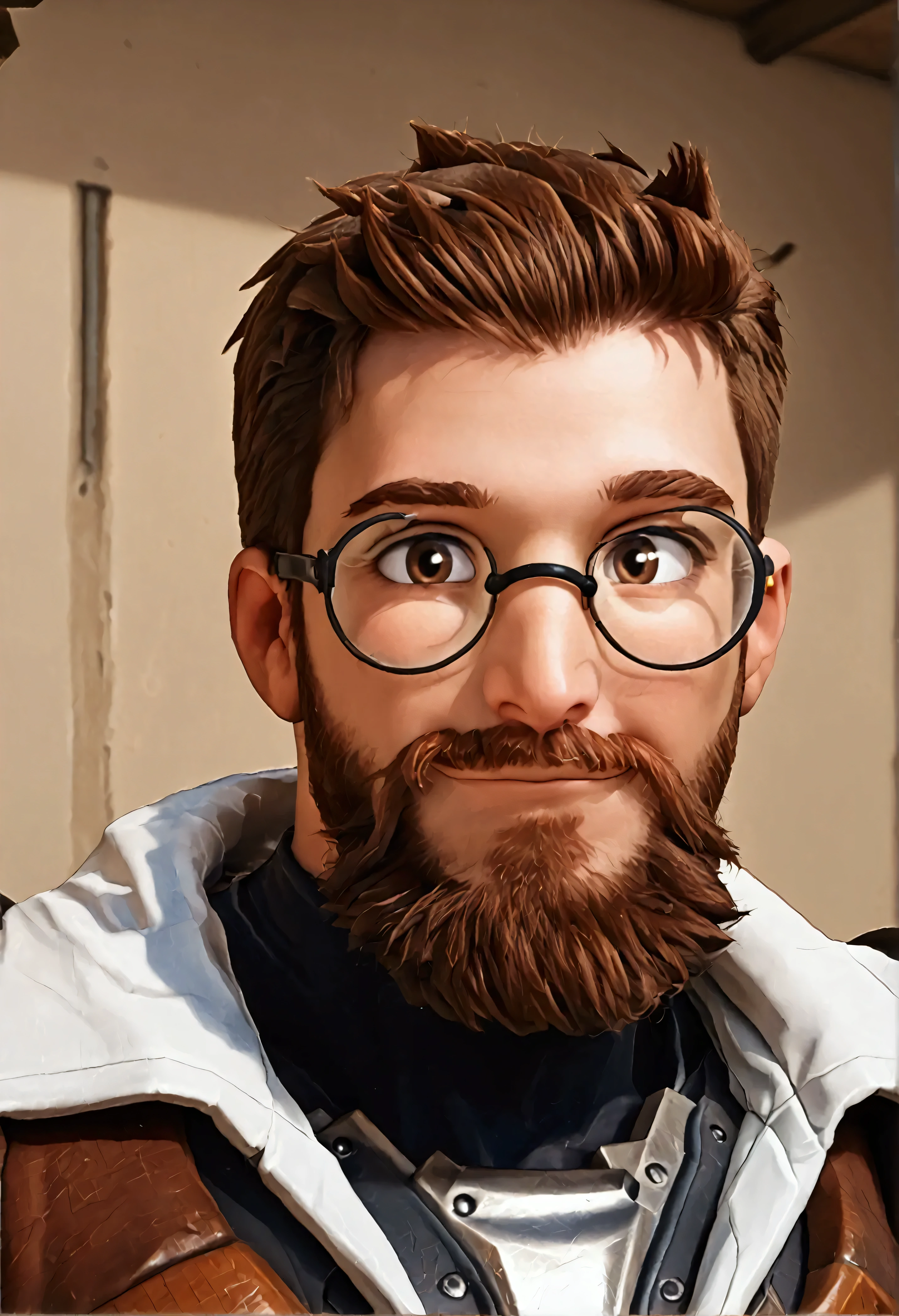 muscular, man, short brown hair, big black beard, brown eyes, round glasses, armor, character select portrait, smile, 8k, high detail, high quality, open field background, looking at viewer head tilted towards the right.