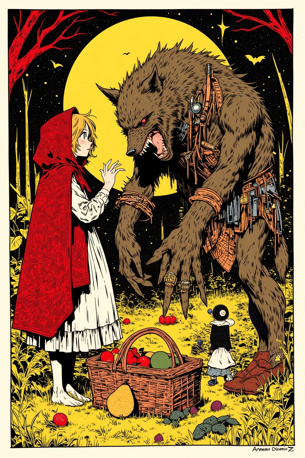 Little Red Riding Hood and Wolf Man,Hallucinatory Art 、 dmt Death of Ego 、 Psychedelic Horror 、 Highly Detailed Visionary Art 、 DMT Egodes 、 Shamanic Fears 、LSD art,Poisonous Plants , Poison and Disney Mix , picnic basket,fruit,red,yellow,White,