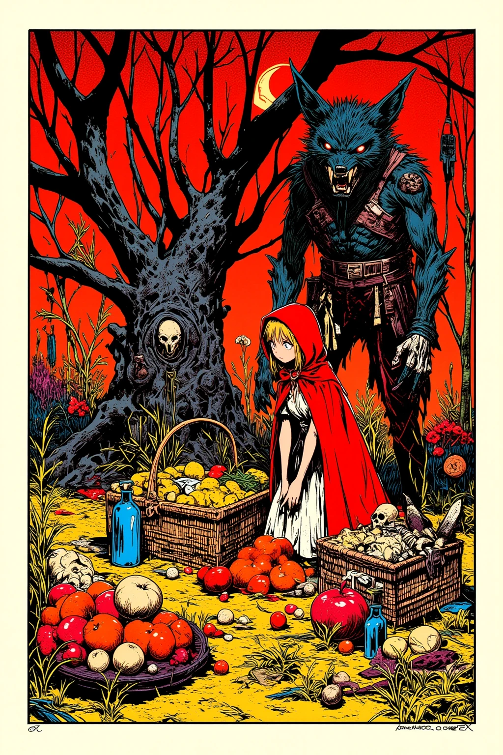 Little Red Riding Hood and Wolf Man,Hallucinatory Art 、 dmt Death of Ego 、 Psychedelic Horror 、 Highly Detailed Visionary Art 、 DMT Egodes 、 Shamanic Fears 、LSD art,Poisonous Plants , Poison and Disney Mix , picnic basket,fruit,red,yellow,White,