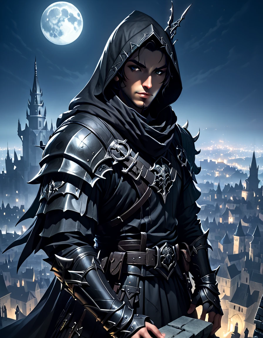 ( from waist up) male assassin,hooded ,black armor,on top of a tower with a medieval city in the moonlight 