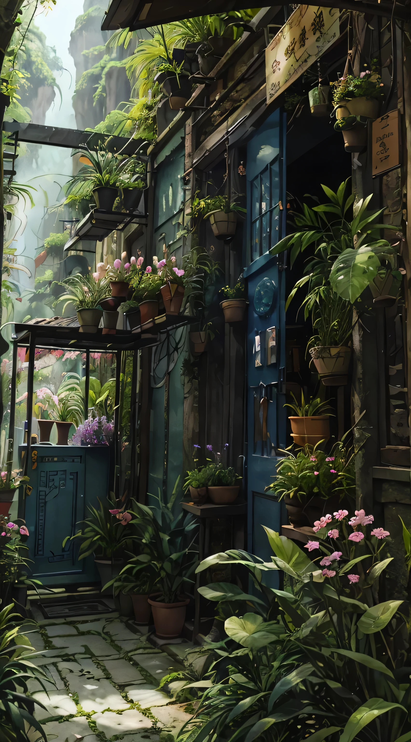 painting of a flower shop with flowers in pots and a blue door, flower shop scene, by Kim Hwan-gi, by Bian Shoumin, floral environment, by Hong Ren, by Li Mei-shu, by Vladimir Borovikovsky, beautiful artwork, beautiful painting, by Marie Bashkirtseff, by Armin Baumgarten, by Arthur Pan, grin face, young, (Masterpiece), ((Blue skin)), (best detail), digital art, (best qualtiy), Cinematic texture, ((Avatar style)), beautiful pupil, The background is jungle, the rainforest, big leafs