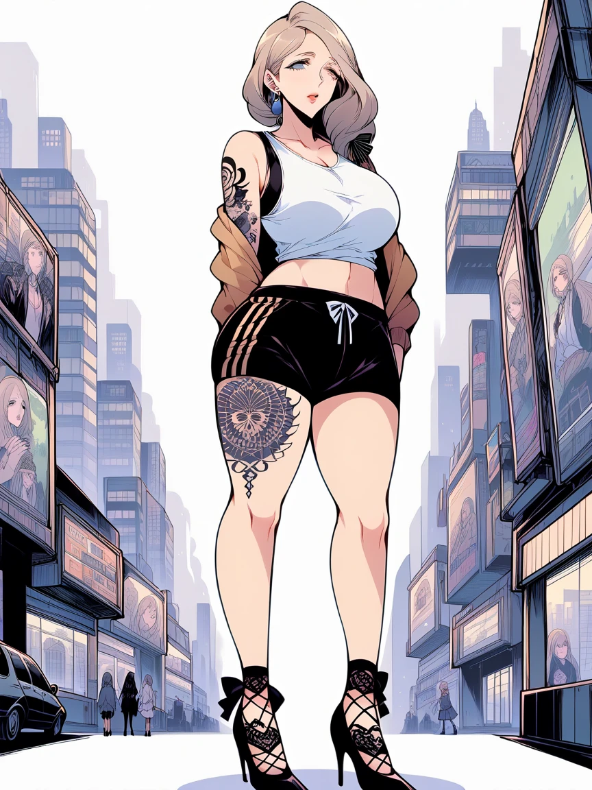 t4ts, tattoos, tattoo, 1girl, Mercedes von Martritz, light brown hair, tank top, booty shorts, high heels, grey eyes, standing, city background, crop top, large breasts, 