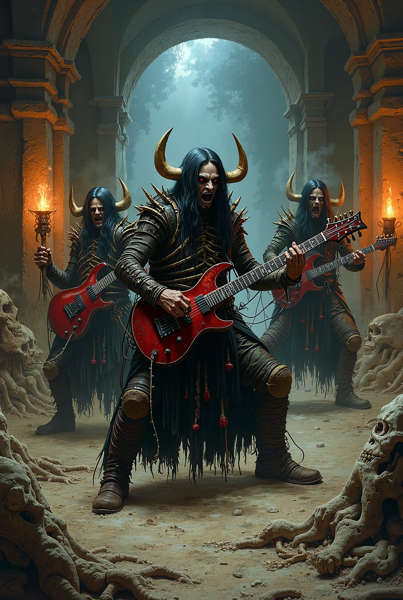 Designing brutal and intense deathcore scenes. Dark and sandy stage image with fierce band performing under red and black lighting, surrounded by skulls and chains. Spiderman's lead vocalist, with devil tattoos and a strong attitude, shouted into the microphone, while the crowd, wearing dark and tense clothes, moshes syncopated with heavy, distorted guitar riffs. The atmosphere is aggressive and chaotic, filled with raw energy and intense emotion