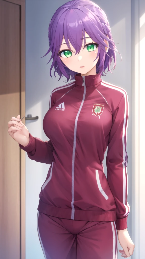 masterpiece, best quality, high quality, girl, solo, looking at viewer, hiro_segawa, purple hair, green eyes, hair between eyes, , track suit