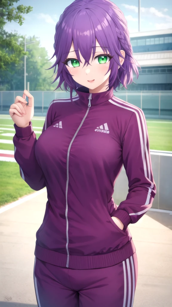 masterpiece, best quality, high quality, girl, solo, looking at viewer, hiro_segawa, purple hair, green eyes, hair between eyes, , track suit