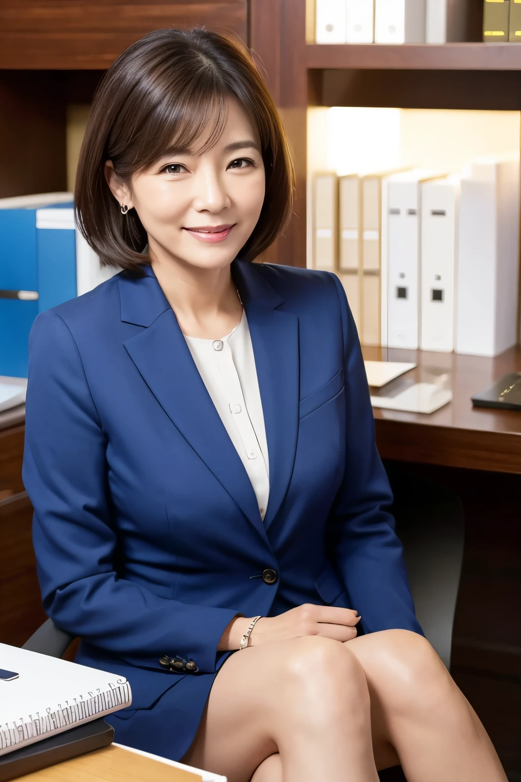 Explanation of materials in the conference room。a smile。Japan woman with round face。Hair is medium hair。body shape is slender。Clothes are office casual、Wearing a miniskirt、Breasts are big、So that the whole body is shown。a secretary