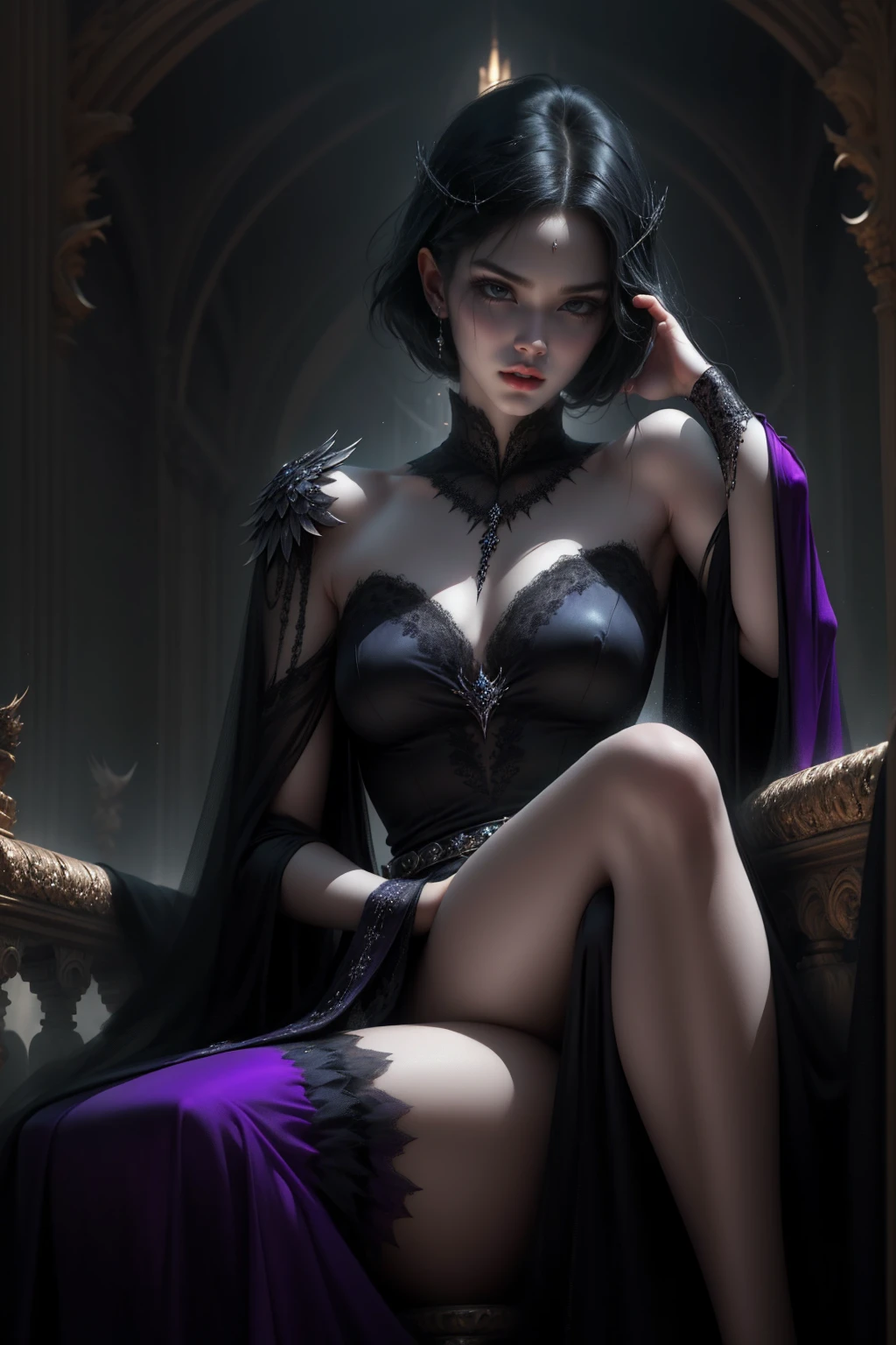 she has short hair, flowing raven-black hair (bangs) and pale, almost ethereal skin. Her eyes are a deep violet, giving her an otherworldly appearance. She dresses in flowing robes of dark purple and black, often adorned with symbols of the occult. angry face, sitting