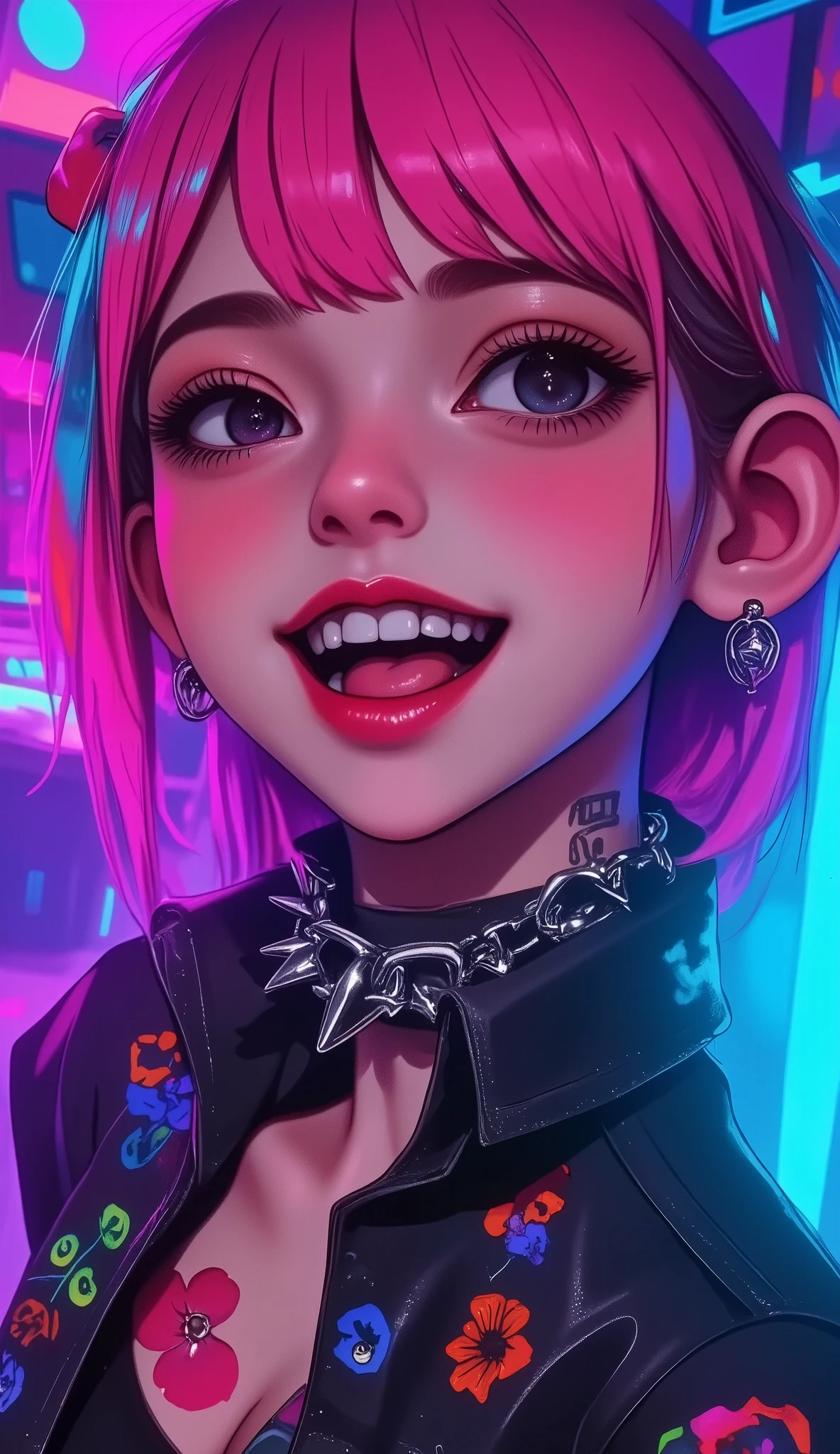    a close up of a person with pink hair and perforations,    mouth half open perfect teeth showing only the tongue   ,   cheerful image wears dog collar with spikes and chains   ,    black sweatshirt   , tattoos, violet and cyan background   ,   Cyberpunk art inspired by Ross Tran  ,    trend in CGSociety   , Gothic art, Ross Tran!!!, Style Ross Tran,  in the style of Ross Tran , Ross Tran 8K, ross drawings   1. 0,    artwork in the style of Guweiz   , anime vibes, :: ross drawings  