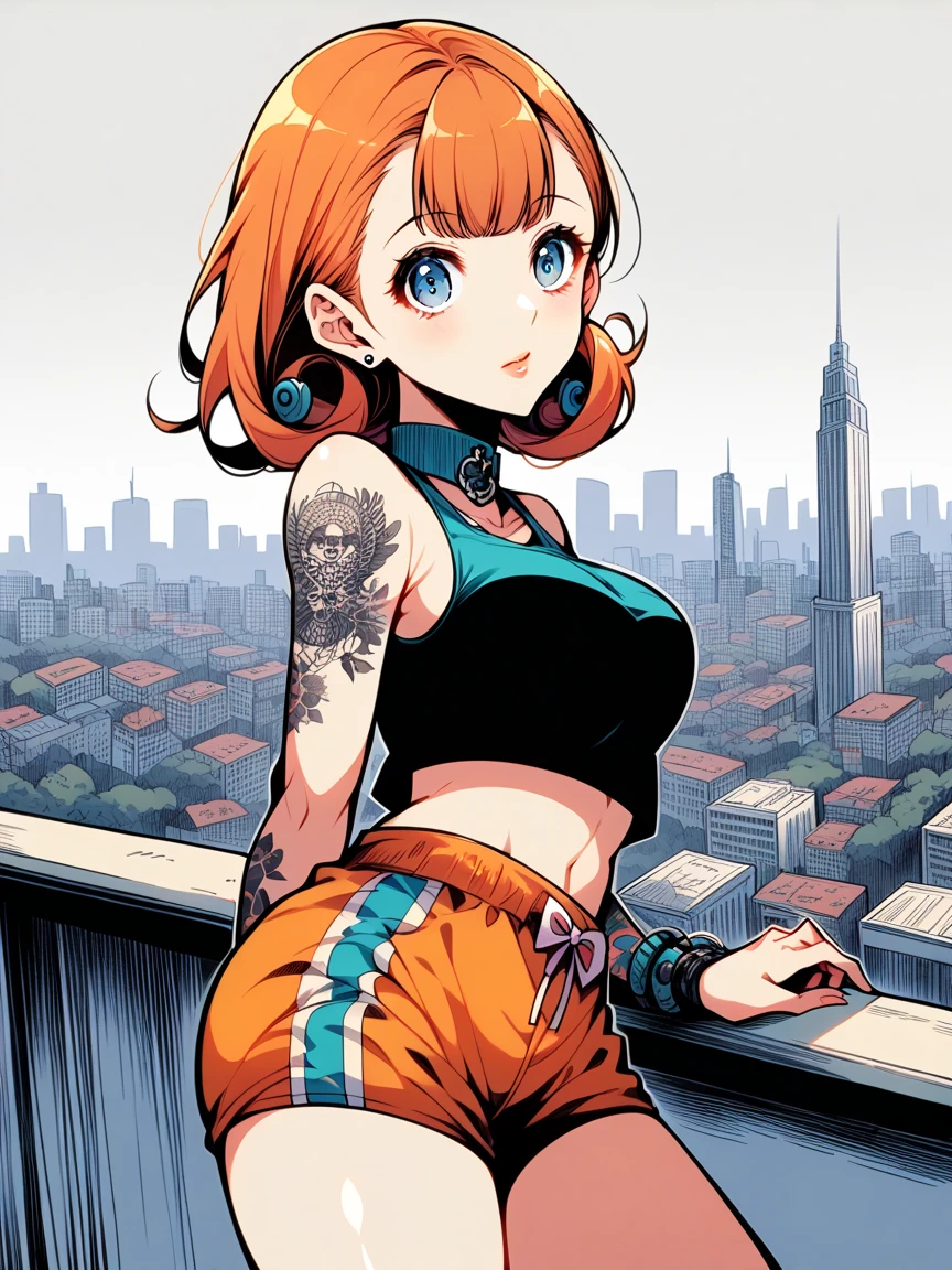 t4ts, tattoos, tattoo, 1girl, Annette fantine Dominic, orange hair, tank top, booty shorts, high heels, blue eyes, standing, city background, crop top, large breasts, 