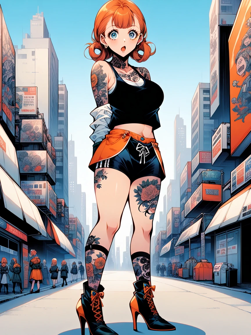 t4ts, tattoos, tattoo, 1girl, Annette fantine Dominic, orange hair, tank top, booty shorts, high heels, blue eyes, standing, city background, crop top, large breasts, 