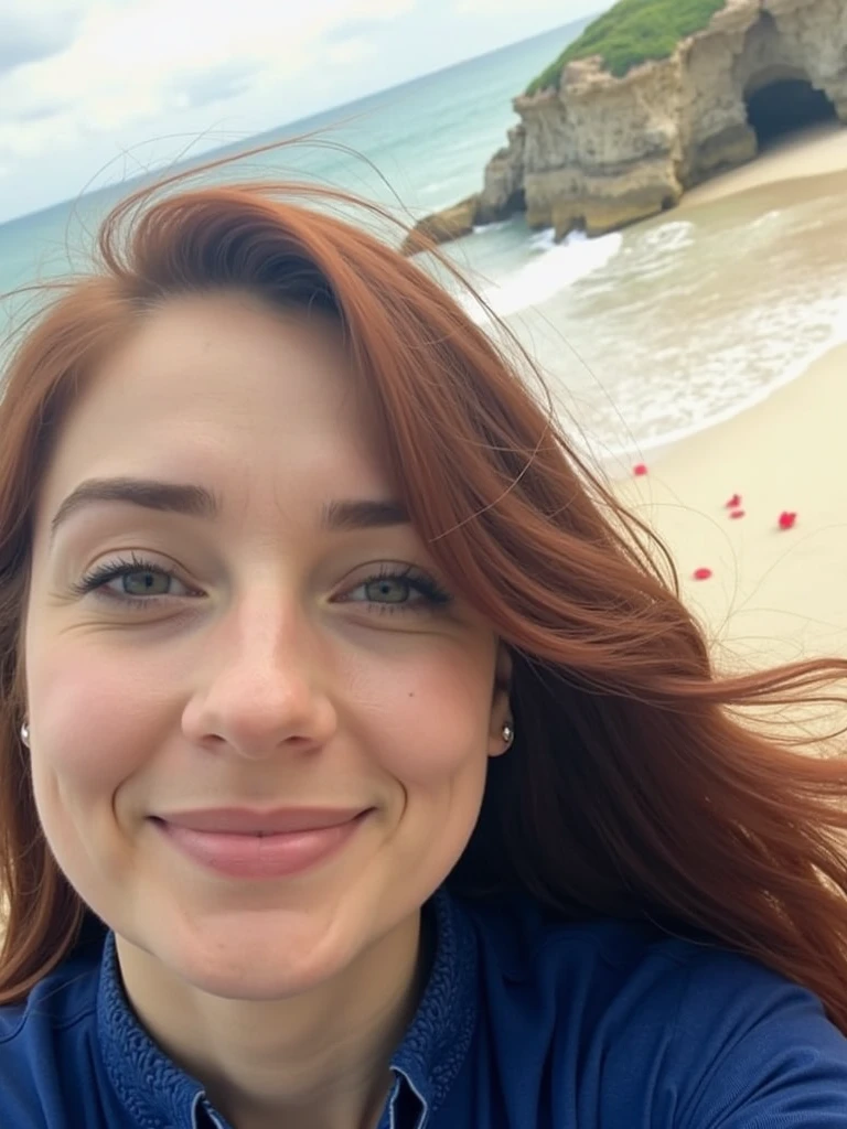 a beautiful 20 years old red head woman in a greek island taking a selfie smiling