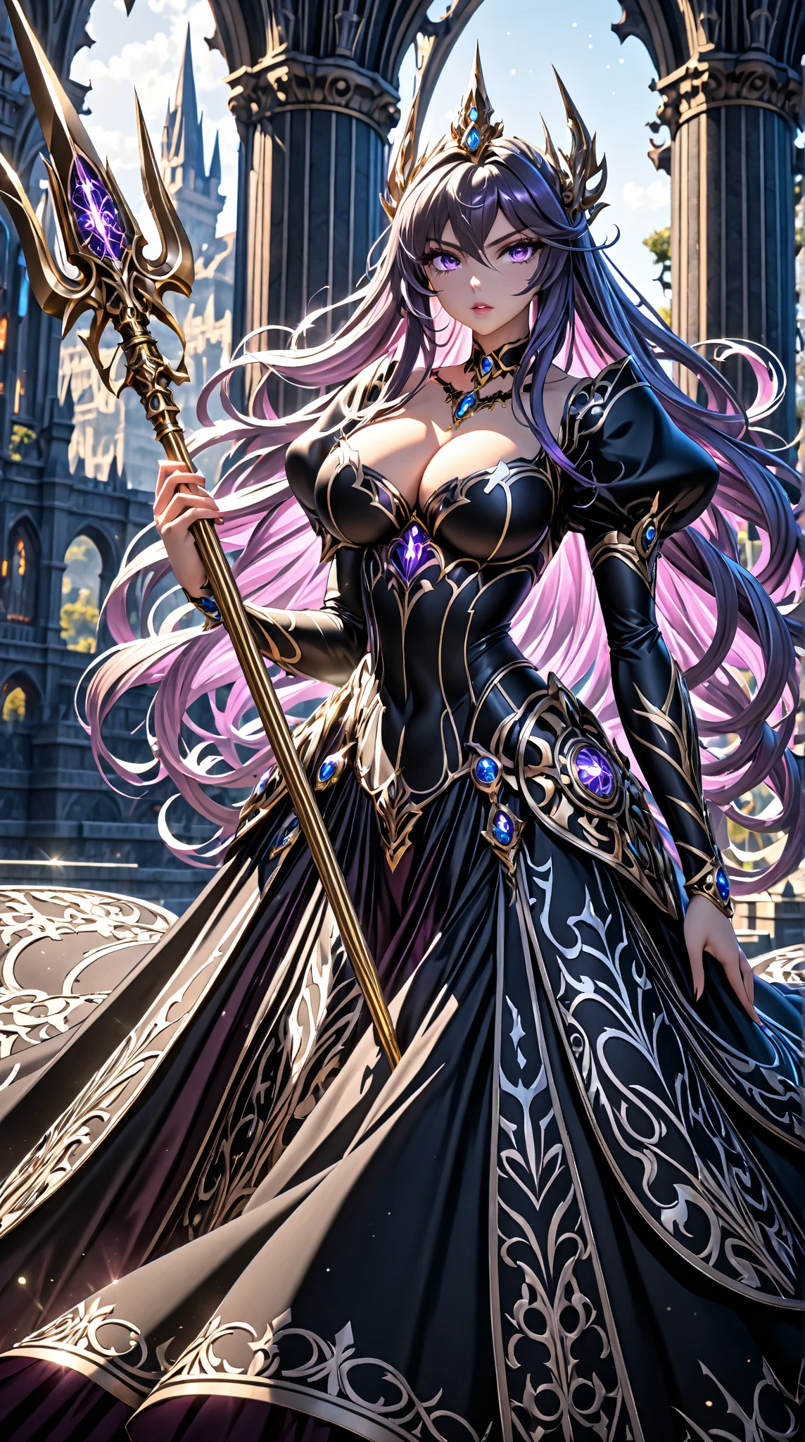 ((official art)), 1girl, gothic castle, dark castle, (huge breasts), large breasts, small waist, wide hips, round ass, thick thighs, very long hair, glossy lips, deep cleavage, large breasts, cleavage, collarbone, flowing skirt, big thighs, full body shot, glowing hair, floating hair,  pandora, purple eyes, very long hair, black hair, parted hair, necklace, choker, dress, black dress, juliet sleeves, weapon, trident ,holding, holding weapon, (slit skirt), glow-in-the-dark eyes, glowing eyes, dynamic pose, overflowing large breasts, slim body, curvy, very wide hips, sexy position, slim and curvy body, score_9,score_8_up,score_7_up, saintseiya,

BREAK, 
perfect eyes, expressive eyes, extremely detailed eyes, beautiful eyes, expressive eyes, gradient eyes, glistening eyes, perfect eyes, extremely detailed face, expressive face, perfect face, extremely detailed hands, extremely detailed fingers, perfect hands, perfect fingers, extremely detailed body, perfect anatomy, (extremely detailed physique), glossy hair, glossy skin, (extremely detailed hair), (extremely detailed clothing), (extremely detailed accessories), (detailed background), (intricate background), (detailed scenery), (perfect scenery), 

BREAK,
(full body shot), masterpiece, photorealistic, best quality, (extremely detailed CG unity 64k wallpaper), ultra-high resolution, ultra-high definition, maximalist, 64k UHD, highres, intricate, intricate details, absurdres, highly detailed, finely detailed, ultra-detailed, ultra-high texture quality, DLSR, RTX, (HDR), detailed textures, ultra-high pixel detail, professionally color graded, full color depth, sharp focus, volumetric lighting, natural shadow, dramatic shading, dramatic lighting, deep shadows,
