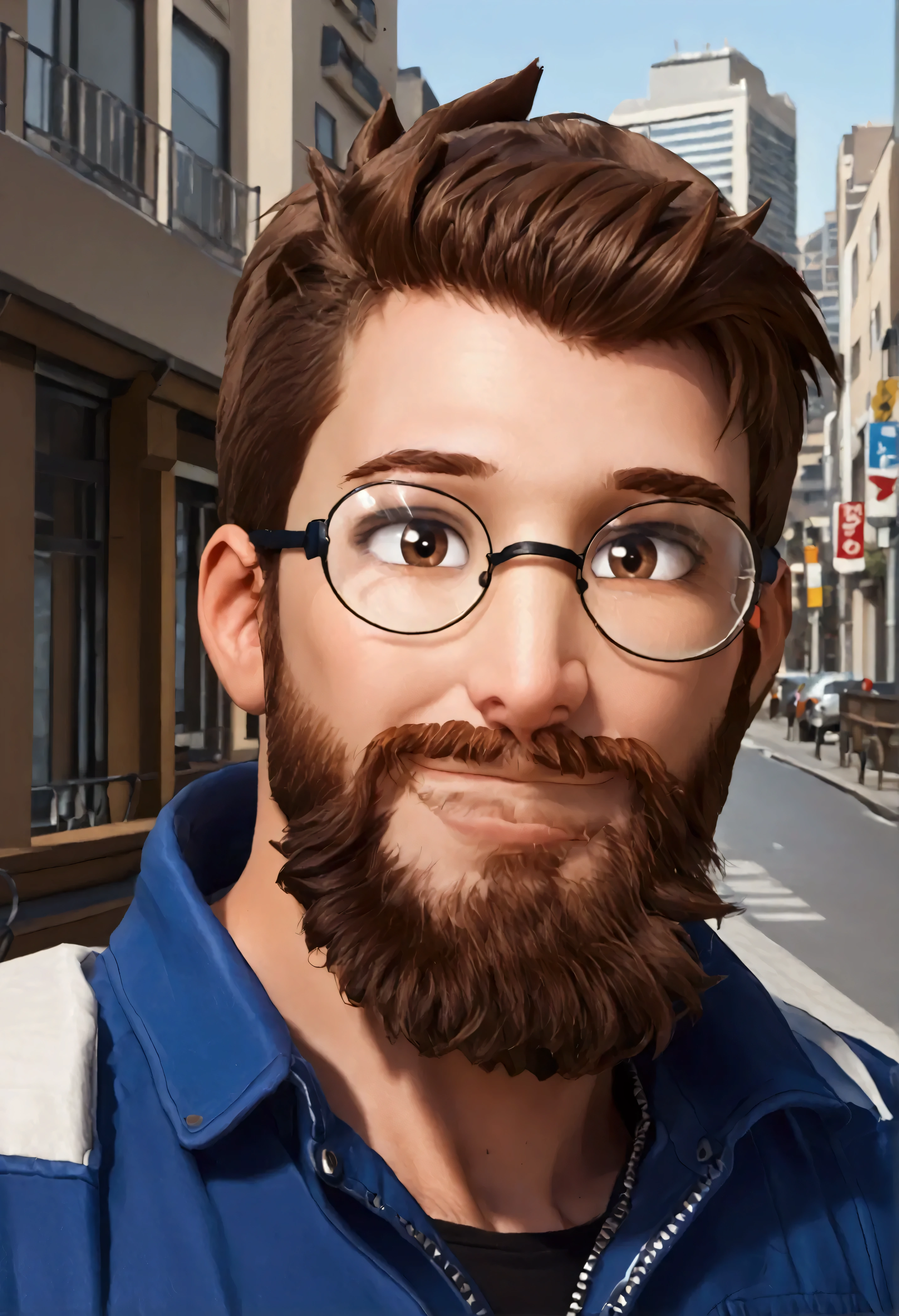 muscular, man, short brown hair, big black beard, brown eyes, round glasses, jacket character select portrait, smile, 8k, high detail, high quality, city background, looking at viewer head tilted towards the right.