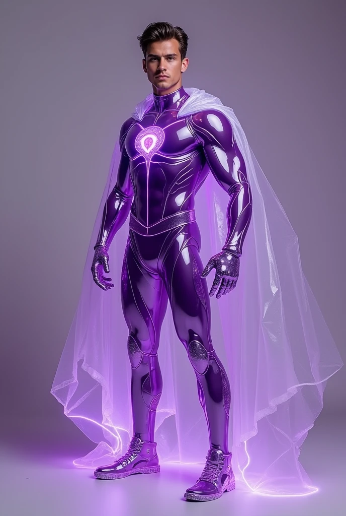 Quarter body photorealistic shots handsome hunky fractal masculine Teen titans cosmic boy.. wearing a purple amethyst transparent crystal chrome glass super suit , look at camera, detailed face parts,, studio as background, Freestyle Pose, Happy Expression, perfect anatomy, symmetric body,, 18 years old, :: high detail, a lean athletic body, realistic, human skin, extremely detailed fingers, chad chin,, masculine, human skin, (eyes contact), gorgeous, Attractive. super bulges in action