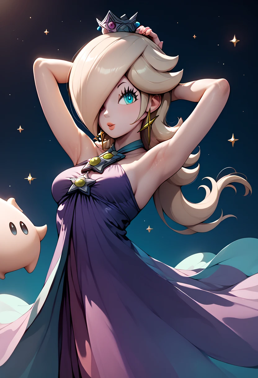 Rosalina, elegant purple dress, showing armpits