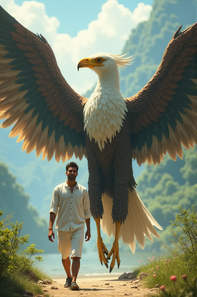 Oil painting, realism, legend of the golden eagle, a golden eagle with metallic gold feathers, flies behind a handsome symmetrical fitness body Latino man in the desert giving him shade with his wings