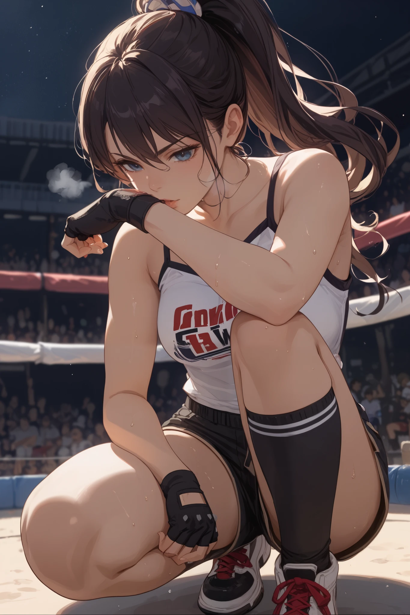 Female martial artist in shorts suffering from getting down on one knee、A slender woman is down on one knee、game、fight、 Lace Camisole 、clavicle、Shoes、 Fingerless gloves、In the Ring、hand、Get on one knee、Get down on one knee、 shortness of breath、sweat、 long hair、 Ponytail、Outdoor battle events、V-shaped eyebrows、 Japanese anime illustration,hand