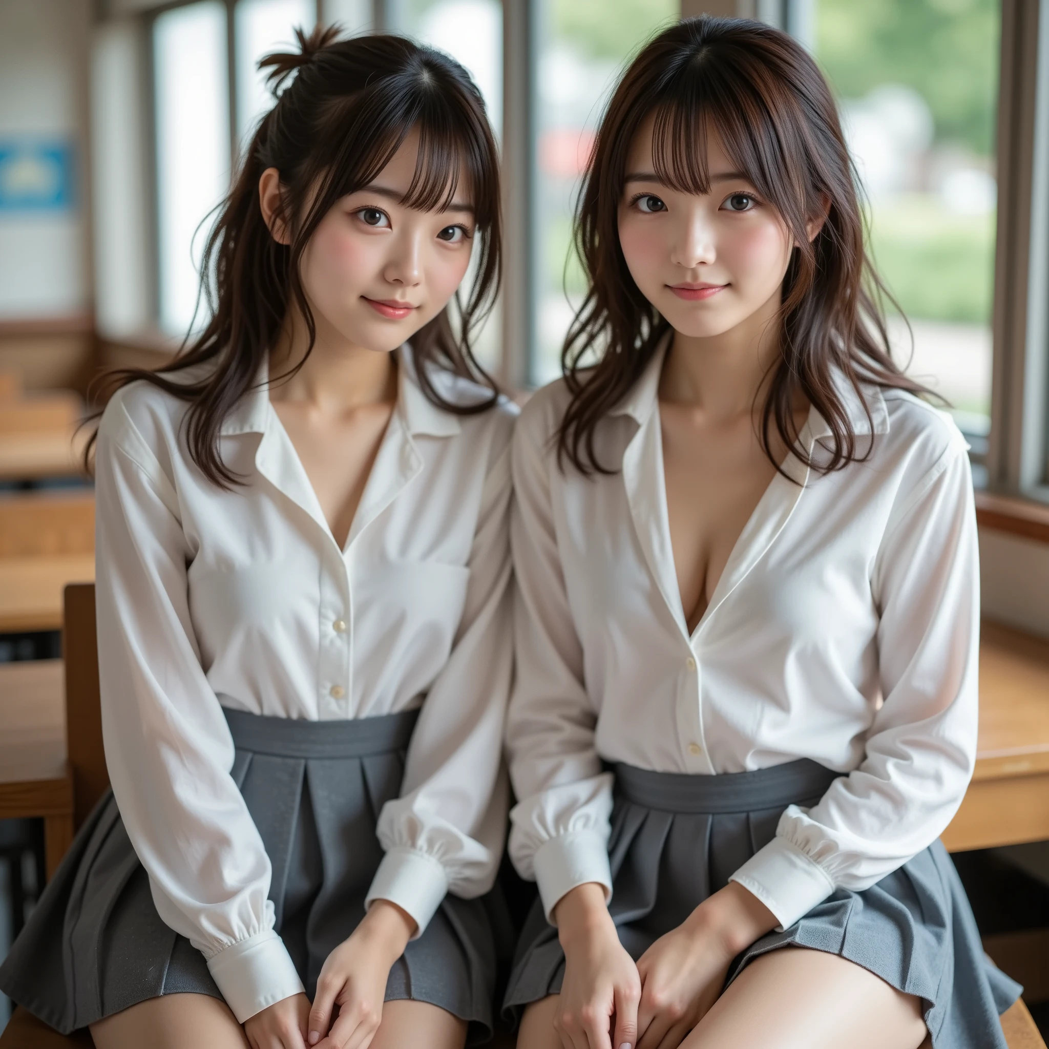 『Her face and hairstyle have a different vibe ２ Japanese girls:1.3』『 real photo:1.3』 top quality:1.2、(( Big Breasts ))、 Slightly Visible Cleavage 、(( young woman))、(( has red cheeks))(( smiling in the pool changing room :3))、((( anatomically correct、 perfect anatomy、 anatomically correct指)))、 realistic ,  top quality,  super high resolution ,  RAW photo, (Curvy body)、Two girls in a school classroom, school uniform,  Grey Pleated Micro Mini Skirt, white shirt, white panties,showing  white panties,**-****-***,bangs,Smile a little,Thighs,Knee,share, Shortcut Hair , low ponytail, From behind , viewers who stop at the edge,( small hips :1.2, slender body,Thin legs)