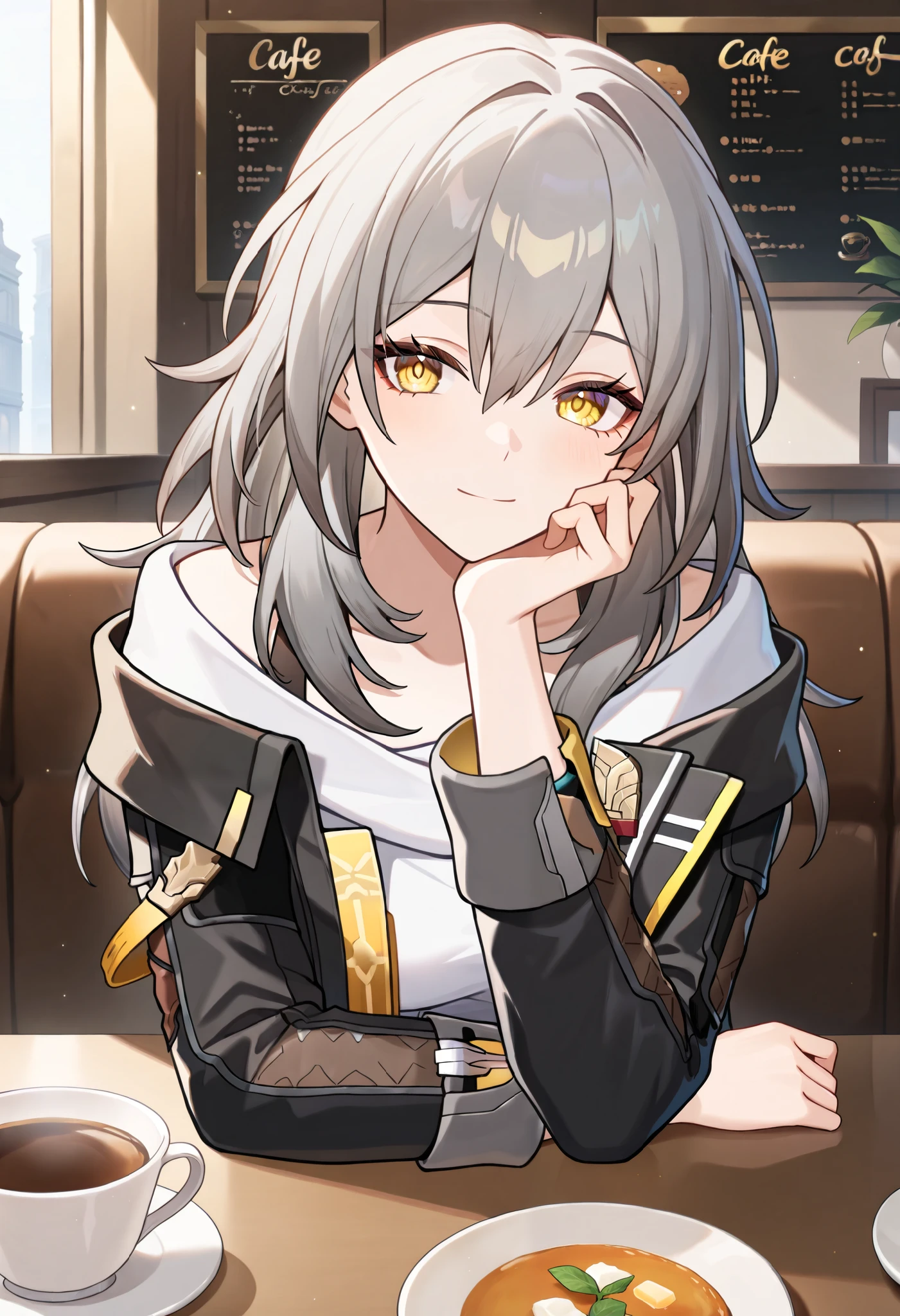 1girl, stelle\(honkai:star rail), honkai: star rail, yellow eyes, white shirt, jacket, sitting, head rest, hand on own cheek, light smile, pov across table, cafe, bloom, masterpiece, best quality, very aesthetic, absurdres
